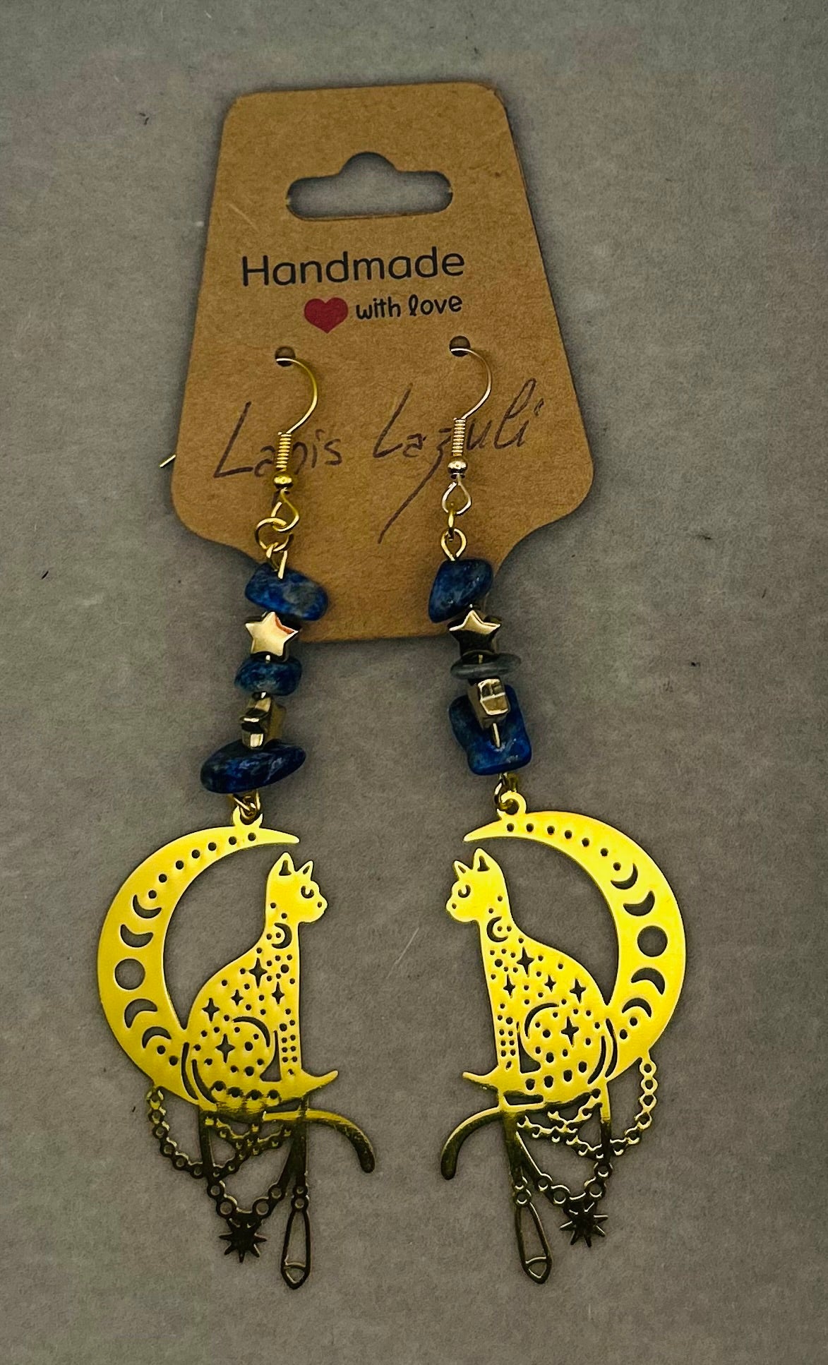 Boucles d'oreilles Chat et Lune - Lapis Lazuli