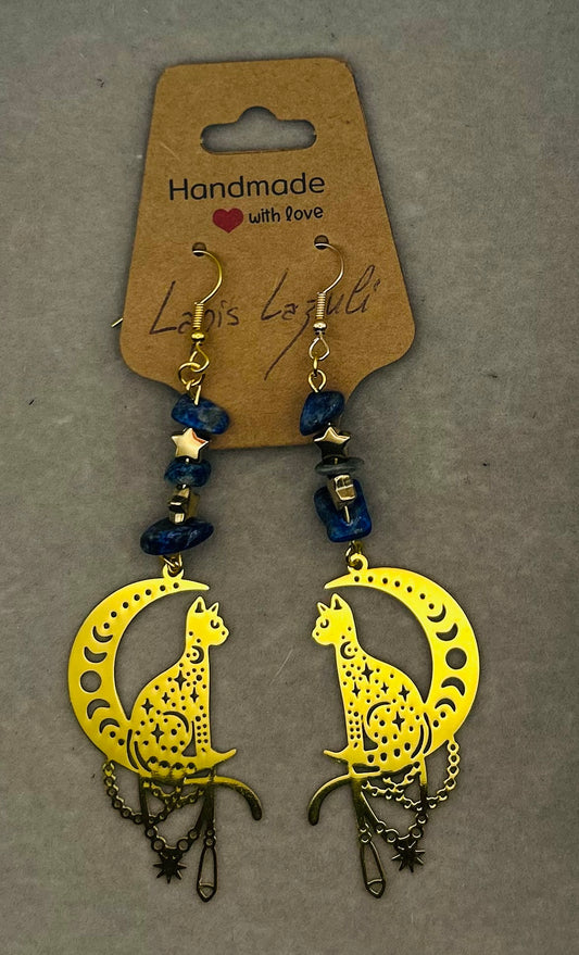 Boucles d'oreilles Chat et Lune - Lapis Lazuli