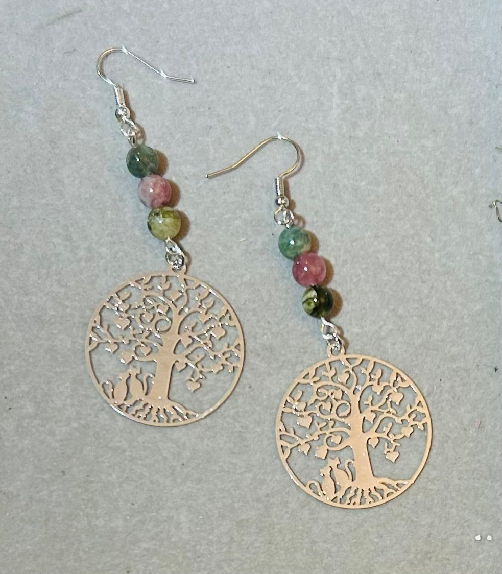 Boucles d’Oreilles Arbre de Vie en Tourmaline Multicolore – Bijou artisanal